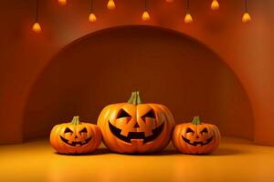 astratto podio con 3d reso Jack o lanterna zucca su arancia Halloween sfondo ai generato foto