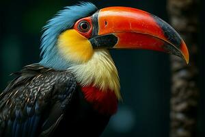 lato Visualizza di un' magnifico tucano uccelli distintivo e colorato becco ai generato foto