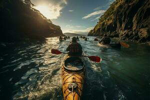 mare viaggio gruppo di kayak visto a partire dal dietro, navigazione il onde insieme ai generato foto