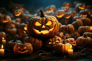 3d reso zucche, pipistrelli, arancia fondale dinamico contento Halloween scena si svolge ai generato foto