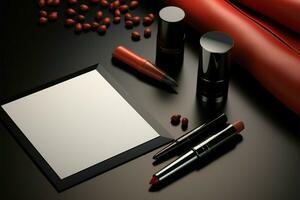 contrastante elementi su un' nero tavolo bianca carta, rossetto, e Di Più ai generato foto