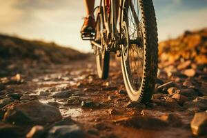 dettaglio messa a fuoco vicino su di montagna bicicletta pneumatico e piloti piede su sporco strada ai generato foto