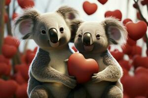 adorabile 3d koala nel amore, cuori galleggiante sopra nel gioia ai generato foto