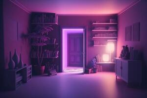 illustrazione di un' sognante viola Camera da letto interno con neon viola illuminazione, generativo ai foto