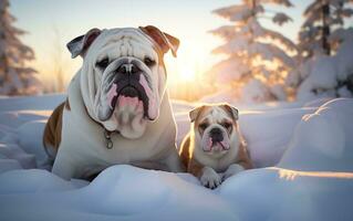 gemello nevoso bianca bulldog, radiante canino compagnia, generativo ai foto