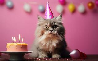 un' affascinante gatto indossare un' festivo cappello e Tenere un' compleanno Palloncino, generativo ai foto