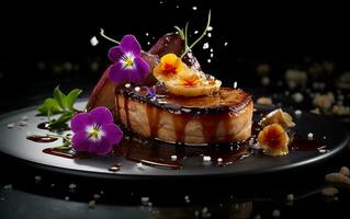 quisite foie gras buongustaio piatto con ricco rosso salsa generativo ai foto