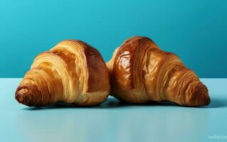 un' francese brioche su un' blu sfondo, generativo ai foto