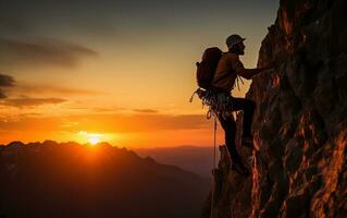 ascendente tramonti un' foto di un' silhouette arrampicata. generativo ai