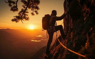 ascendente tramonti un' foto di un' silhouette arrampicata. generativo ai