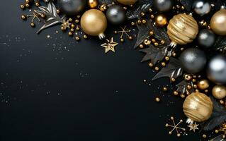 festivo ornamenti Natale decorazioni su un' nero sfondo, generativo ai foto