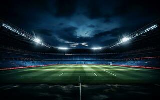 interno di un' grande stadio con luminosa luci generativo ai foto