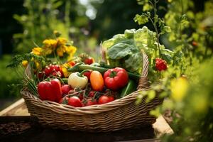 cestino di verdure nel soleggiato giardino, generativo ai foto