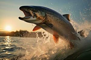 foto di un' 40 libbre chinook salmone pesce saltare, generativo ai