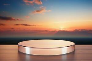 il giro bicchiere tavolo in mezzo il bellezza di un' tramonto cielo, generativo ai foto