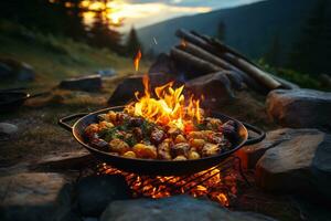 campeggio stagione delizie cibo al di sopra di un Aperto fuoco nel il montagne. generativo di ai foto