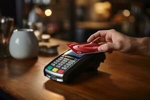 esplorando il pagamento concetto cliente Tenere un' credito carta. generativo di ai foto
