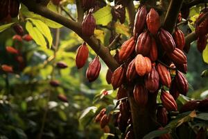 maturo cacao baccelli e sostenibile agricoltura. generativo di ai foto