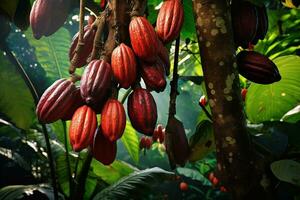 maturo cacao baccelli su il cacao pianta albero. generativo di ai foto