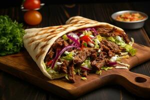 delizioso shawarma su di legno tavola. generativo di ai foto