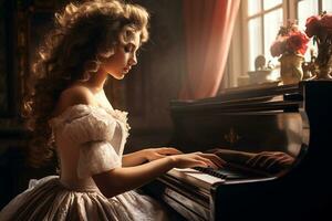 un' ragazza nel sua 30s la creazione di melodie su il pianoforte. generativo di ai foto