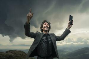 un' uomo cattura ricordi con il suo mobile. generativo di ai foto