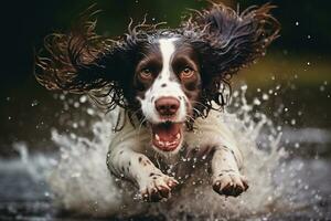 un' divertente inglese springer di spaniel tempo di gioco. generativo di ai foto