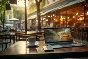 il computer portatile e caffè nel il caffè negozio. generativo di ai foto
