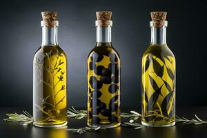 impostato di oliva olio nel bottiglie con olive. generativo di ai foto