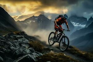 emozionante montagna bike su esilarante pista picchi. generativo di ai foto