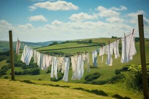 colline montacarichi clothesline con fresco lavanderia. generativo di ai foto