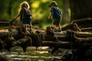 bambini attraversamento un' log ponte al di sopra di un' tranquillo torrente. generativo di ai foto
