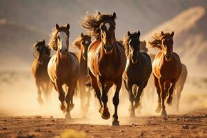 in esecuzione cavalli con lungo criniere nel il deserto. generativo di ai foto