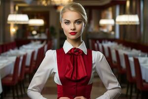 il hostess in piedi nel il ristorante. generativo di ai foto