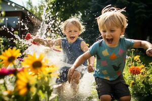 bambini godendo un' Giardino dietro la casa acqua combattimento nel il sole. generativo di ai foto