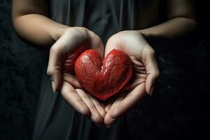 un' rosso cuore tenuto di amorevole mani. generativo di ai foto
