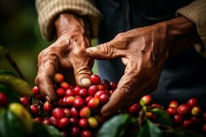 agricoltori mano raccolta rosso frutti di bosco e caffè fagioli. generativo di ai foto