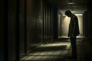 un' depresso uomo nel un' edificio corridoio. generativo di ai foto