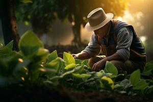 un' contadino controlli il le foglie di verde impianti. generativo di ai foto