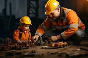 padre e poco figlio giocando realistico costruzione opera. generativo di ai foto