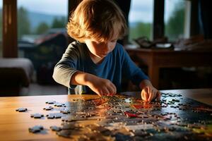 poco bambino mettendo un' puzzle insieme a casa. generativo di ai foto