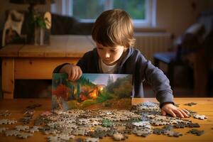 poco bambino mettendo un' puzzle insieme a casa. generativo di ai foto