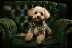 maltipoo's elegante incontrare con un' Vintage ▾ pelle sedia. generativo di ai foto