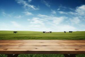 azienda agricola per tavolo delizie mucche pascolo al di là il di legno tavolo. generativo di ai foto