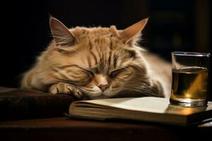 gatto napping su Aperto libro con occhiali. generativo di ai foto