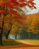 foto strada è circondato di alberi con colorato le foglie durante autunno ai-generato