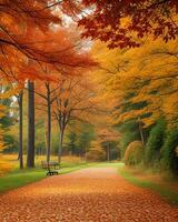 foto strada è circondato di alberi con colorato le foglie durante autunno ai-generato