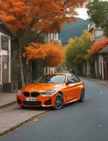 BMW auto su il lato di il città strada ai foto