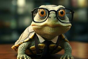 saggio verde tartaruga nel occhiali, sfocato sfondo, umoristico intelligenza personificato ai generato foto