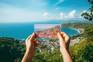 irriconoscibile turista detiene cartolina nel davanti di naturale paesaggio. ai generato foto